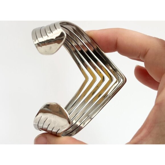 Chevron Shaped Multi Sectioned Chunky Vintage Silver Toned Classic Cuff Bracelet - Picture 6 of 10